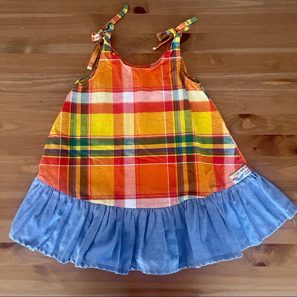 Handmade Paris Les Jours Bleus Orange Plaid Dress Denim Jean Trim Girls XS